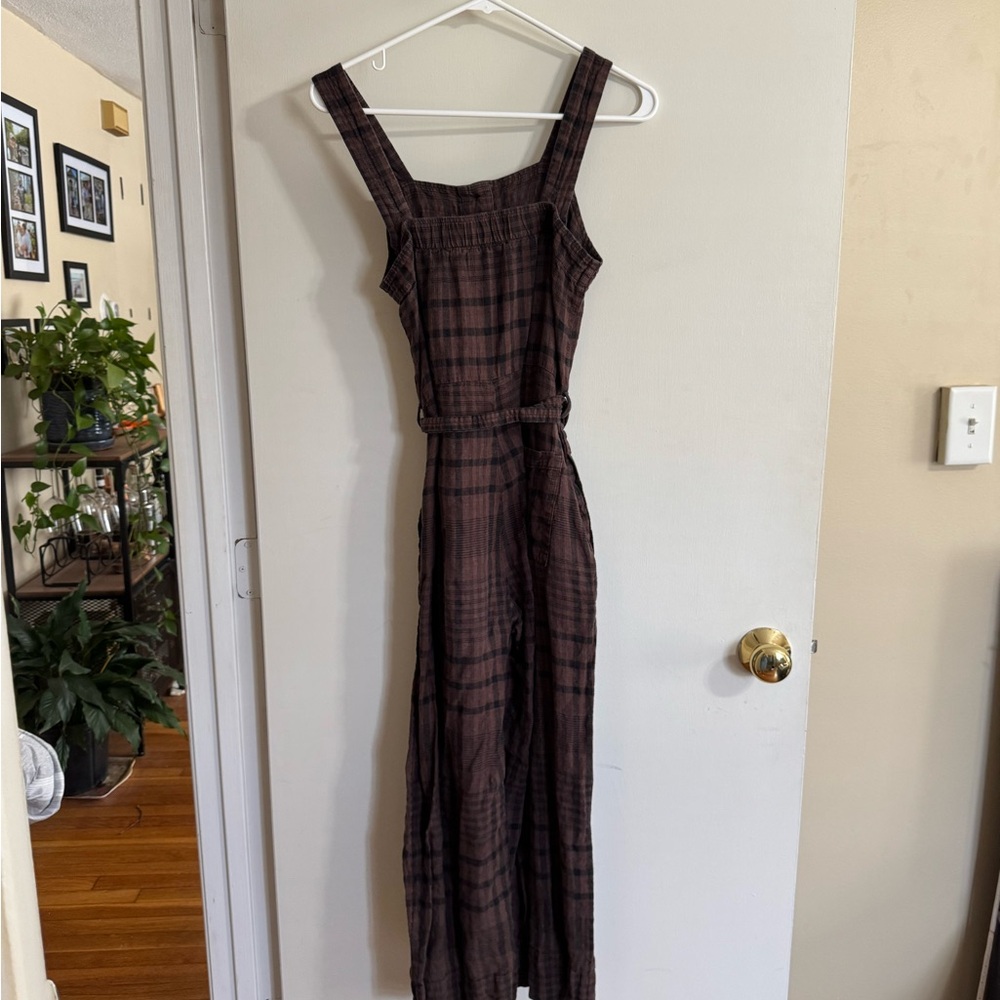 Plaid Brown Sleeveless linen jumpsuit